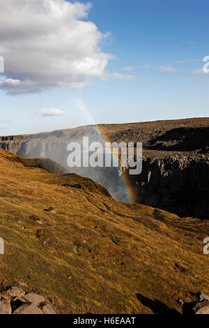 Rainbow a cascata di Dettifoss, Nordest Islanda, Atlantico del Nord, Europa Foto Stock