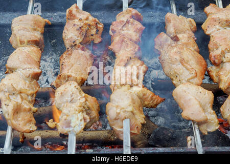 La carne di maiale shish kebab sul fuoco. Appetitosa carne fresca shish kebab preparato su un grill carbone di legno, outdor Foto Stock