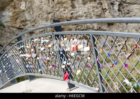 Molti metallo colorato amore i lucchetti sul recinto Foto Stock