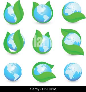Abstract isolato terra blu emisferi in foglia verde logo set. Naturale liquido puro logotipo di raccolta. Pianeta simbolo del globo. Bibite fresche e la relativa icona. Segno di rugiada. Il vettore acqua goccia illustrazione. Illustrazione Vettoriale