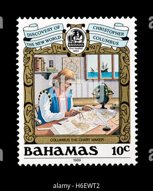 Francobollo dalle Bahamas raffiguranti Cristoforo Colombo come un grafico maker, 500 ann. della scoperta delle americhe Foto Stock