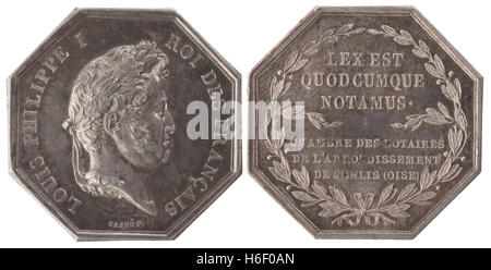 Silvers token, Notai del Distretto di Senlis. Francia, Louis Philippe I, del xix secolo, isolato su bianco Foto Stock