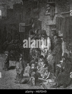 Regno Unito. Londra. Whitechapel. Quartiere della classe operaia. Incisione di Gustave Dore, Londra; un pellegrinaggio. Xix c. Foto Stock