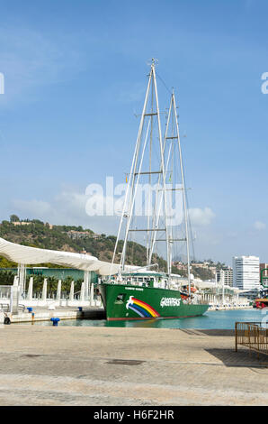 Greenpeace new Rainbow Warrior III nave ormeggiata nel porto di Malaga, Andalusia, Spagna. Foto Stock