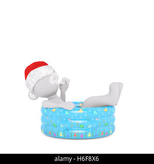 Singolo 3D reso figura indossa in rosso e bianco Natale hat mentre che stabilisce in plastica blu piscina su isola Foto Stock