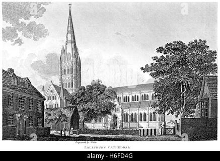 Una incisione della Cattedrale di Salisbury, Wiltshire scansionati ad alta risoluzione da un libro stampato in 1812. Ritiene copyright free. Foto Stock