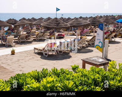 I turisti sulla spiaggia e il Mare Mediterraneo, Fuengirola. Costa del Sol, provincia di Malaga. Andalusia Spagna. Europa Foto Stock