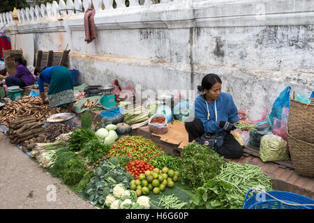 Donna che vende verdure, mercato locale di mattina presto, Luang Prabang, Laos Foto Stock