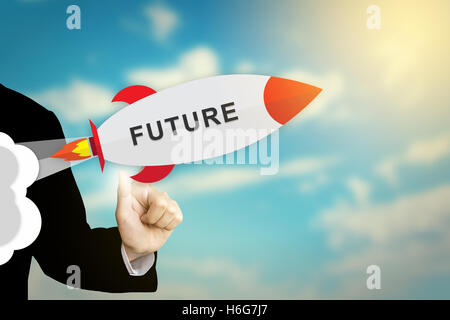 Mano di business facendo clic su futuro design piatto rocket Foto Stock