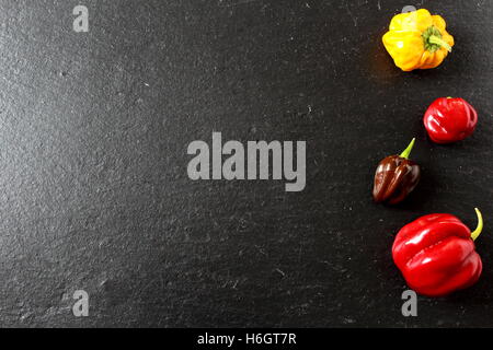 Composizione del coloratissimo peperoncino su una piastra di ardesia Foto Stock