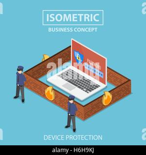 Isometrica, 3d piatta laptop computer protetti da firewall, protezione e password del sistema di sicurezza, internet security anti virus e pr Illustrazione Vettoriale