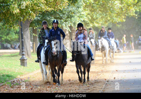 Horse Riding piloti attraverso Hyde Park accanto alla serpentina, mentre skateboarders anche fare uso del Parco Nazionale di spazio. Ambienti polverosi Foto Stock