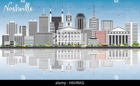 Nashville Skyline con edifici grigi, cielo blu e riflessi. Illustrazione Vettoriale. Viaggi di affari e turismo Concept Illustrazione Vettoriale