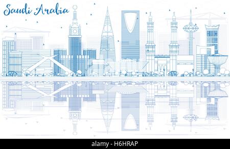 Delineare Arabia Saudita Skyline con punti di riferimento Blu e riflessi. Illustrazione Vettoriale. Viaggi di affari e turismo Concept. Illustrazione Vettoriale