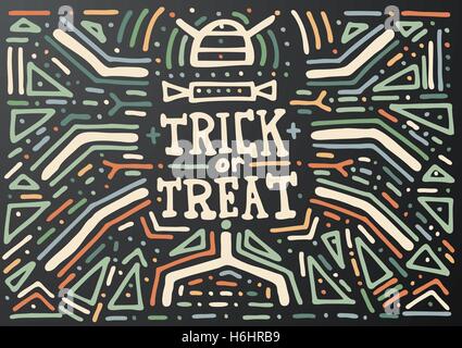 Dolcetto o scherzetto Lettering. Disegnato a mano stampa Vintage con ornamento di ricci. Vintage Halloween sfondo. Isolato su nero. Illustrazione Vettoriale