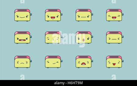 Set di vettore kawaii tostapane emoticon. Isolato sul verde pallido sfondo. Illustrazione Vettoriale