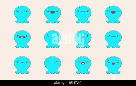 Set di vettore kawaii octopus emoticon. Isolato sul pallido sfondo arancione. Illustrazione Vettoriale