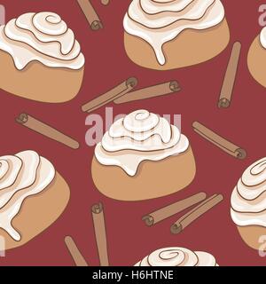 Modello senza cuciture con panini alla cannella e bastoncini di cannella. Pane appena sfornato dolci con la glassa e spezie. Illustrazione Vettoriale