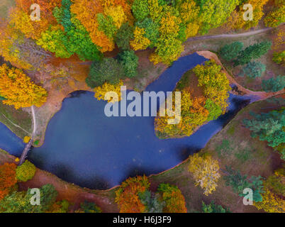 Cottbus, Germania. 29 ott 2016. Una foto aerea con un drone mostra autunnale di Fuerst Pueckler parco vicino Cottbus, Germania, 29 ottobre 2016. Il parco, composto con grande sensibilità dal Principe Hermann von Pueckler-Muskau in Branitz, è considerato l'ultimo grande tedesco giardini paesaggistici. Foto: PATRICK PLEUL/dpa/Alamy Live News Foto Stock