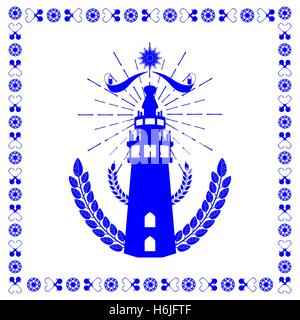 Faro con una ghirlanda di foglie in stile olandese nel vettore di blu Illustrazione Vettoriale