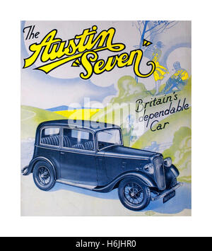 Vintage poster per la Austin 7 una economia berlina prodotta dal 1922 fino al 1939 nel Regno Unito da parte di Austin. Soprannominato il "Baby Austin' era a quel tempo uno dei più popolari vetture prodotte per il mercato britannico e venduti anche all'estero. Il suo effetto sul mercato britannico era simile a quella del modello T Ford negli Stati Uniti, in sostituzione della maggior parte degli altri economia britannica automobili e cyclecars dei primi 1920s. Foto Stock