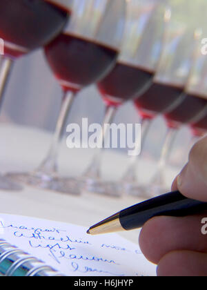 Degustazione di vini degustazione di bicchieri sommelier esperto nota linea di bicchieri di vino rosso degustazione verticale sul tavolo con penne per note di annata e mano in primo piano Foto Stock