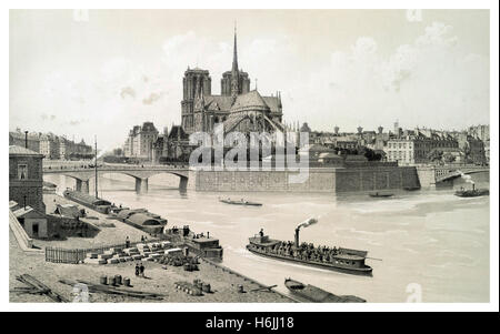 NOTRE DAME STORICO ILLUSTRAZIONE VINTAGE Isle de Paris con la cattedrale di Notre Dame 1800 con le prime imbarcazioni da diporto e passeggeri Foto Stock