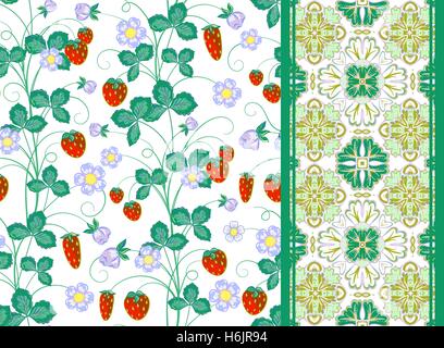 Set di vettore disegnati a mano seamless pattern di fragola e di frontiera o nastro, nastro, banda. Illustrazione Vettoriale