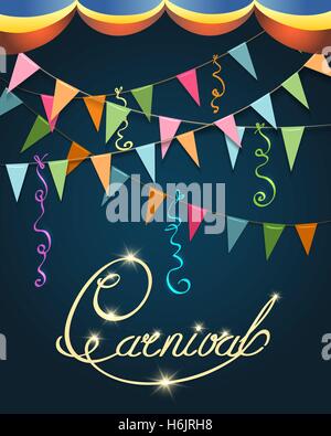 Il carnevale di calligrafia poster colorati. Festive scritto a mano Iscrizione con stelle, bandiere e serpentino. Illustrazione Vettoriale Illustrazione Vettoriale