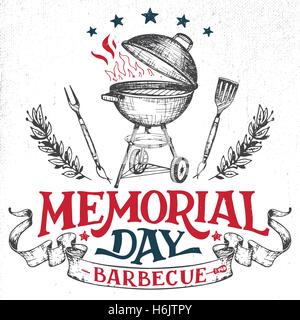 Il Memorial Day barbecue holiday greeting card. Mano-scritte cookout barbecue di invito alla festa. Schizzo di carbone barbecue bollitore gri Illustrazione Vettoriale