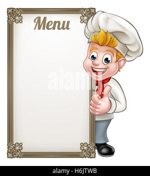 Cartoon chef o baker personaggio dando pollice in alto con menu segno bordo Foto Stock