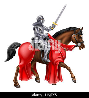 Un cavaliere che tiene una spada aloft mentre in sella al suo cavallo Foto Stock