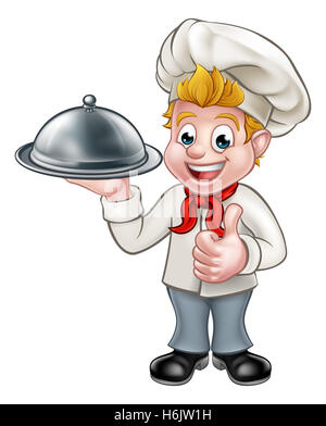 Cartoon chef o baker personaggio dando Thumbs up e tenendo una piastra cloche vassoio a cupola Foto Stock