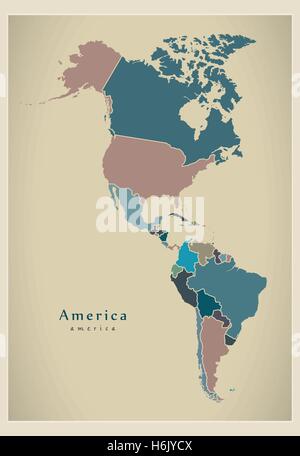 Mappa moderno - America mappa completa con i paesi colorati Illustrazione Vettoriale