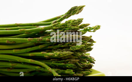 Asparagi freschi spears prevista longitudinalmente sulla piastra verde contro uno sfondo bianco con copia spazio sulla destra della fotografia orizzontale Foto Stock