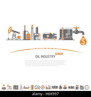 Industria petrolifera concetto con due piani di colore icone produzione di estrazione e trasporto di petrolio e benzina. vettore isolato illustra Illustrazione Vettoriale