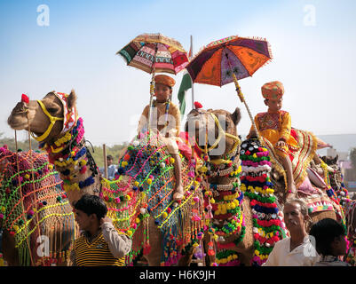 Molti adulti e bambini assiste al tradizionale decorazione cammello concorrenza al camel mela in Pushkar, Rajasthan, India Foto Stock