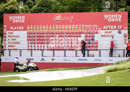 Kuala Lumpur, Malesia. 30 ott 2016. Il vincitore del 2016 LPGA Malaysia Campionato è della Cina di Shanshan Feng. Il TPCKL campo da golf scheda punteggio mostra la LPGA Malaysia vincitore del campionato. Credito: Danny Chan/Alamy Live News. Foto Stock