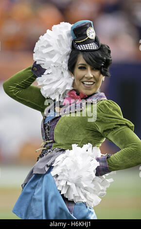 Denver, Colorado, Stati Uniti d'America. 30 ott 2016. Denver Broncos Rookie Cheerleader Brielle intrattiene la folla durante il 1st. Mezza a autorità sportive Field at Mile High domenica pomeriggio. I Broncos battere i caricatori 27-19. Credito: Hector Acevedo/ZUMA filo/Alamy Live News Foto Stock