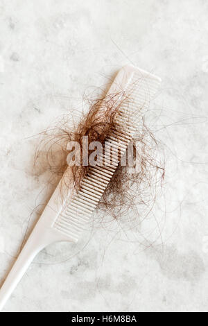 Capelli sul pettine bianco close up - La perdita di capelli problema concetto Foto Stock