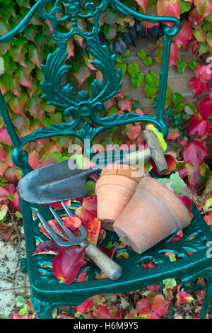 Giardino utensili a mano e terracotta vasi da fiori con caduta foglie di Virginia superriduttore Parthenocissus quinquefolia Foto Stock