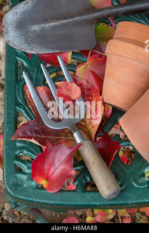 Giardino utensili a mano e terracotta vasi da fiori con caduta foglie di Virginia superriduttore Parthenocissus quinquefolia Foto Stock