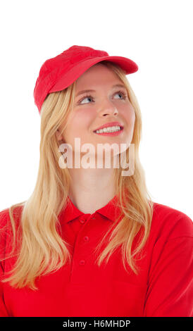 Giovane donna bionda vestito il concessionario con uniforme rosso isolato su sfondo bianco Foto Stock