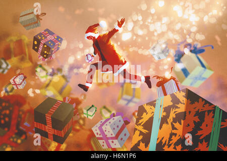 Babbo Natale il salto in colorate scatole regalo,Natale concetto,illustrazione pittura Foto Stock