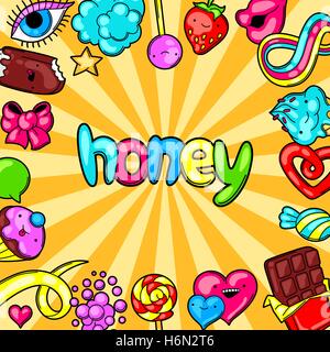 Kawaii sfondo con dolci e caramelle. Crazy dolce-roba in stile cartoon Illustrazione Vettoriale