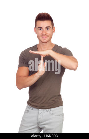 Ragazzo attraente con capelli pungenti gesticolando time-out isolati su sfondo bianco Foto Stock
