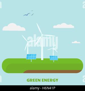 Semplice emblema della turbina eolica e pannelli solari sul isola Illustrazione Vettoriale