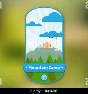 Badge verticale con la montagna, alberi di perno e scorrere. Illustrazione Vettoriale