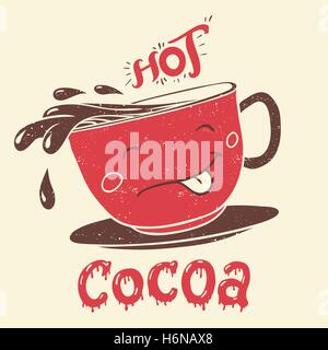 Divertente tazza di cioccolata calda personaggio dei cartoni animati con scritte a mano. Disegnata a mano l'illustrazione per ragazzi menu di caffè Illustrazione Vettoriale