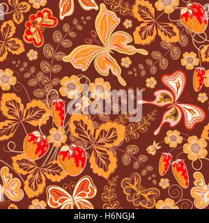 Seamless bacche, fiori e farfalle. Mano-disegno vettoriale di illustrazione. Illustrazione Vettoriale